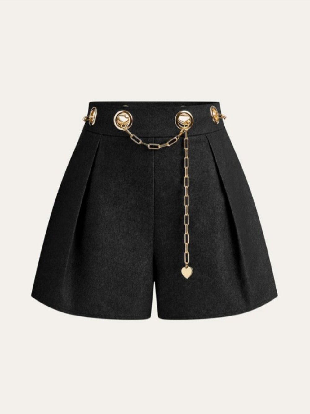 Commense Black Faux Denim Shorts with Metal Chain Belt - M